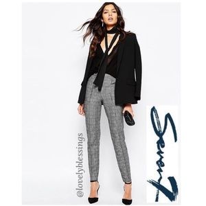 Plaid Leggings Houndstooth Glen Plaid Pull On Stretch Trousers Black White Gray